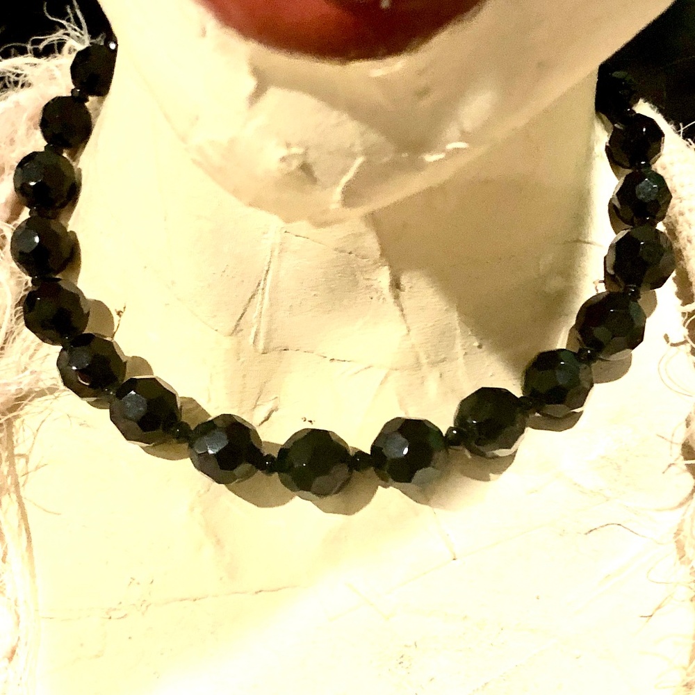 Vtg 90s Jet Black Glass Faceted Bead Single Strand Choker Necklace 16"